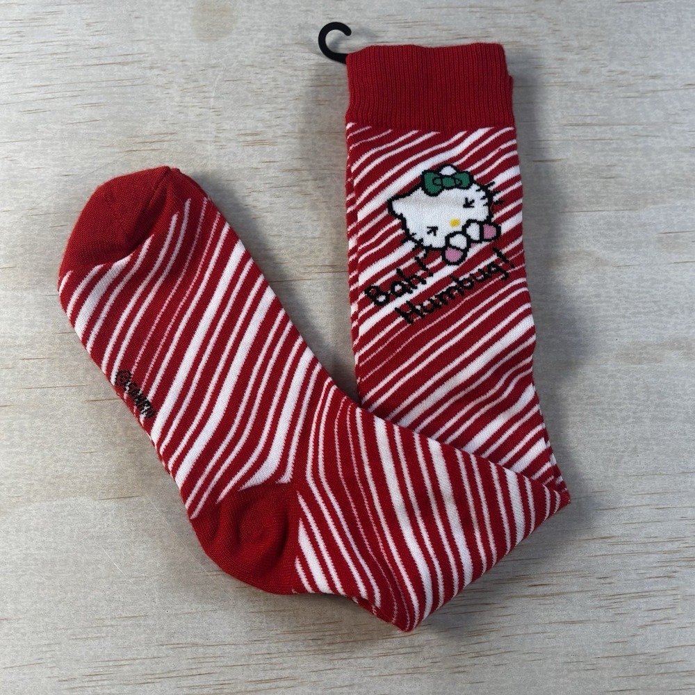 Hello Kitty Socks 'Bah Humbug' Long Red & White Diagonal Stripes - New-No Tags - Picture 4 of 6